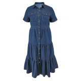 Plus Size Women Turndown Collar Button Pocket Short Sleeve Denim Long Dress