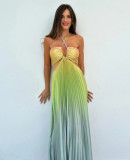 Women Style Summer Gradient Halter Neck Pleated Maxi Dress