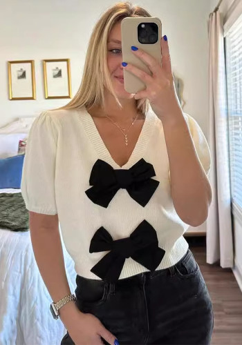 Women Spring V-neck Short Sleeve Bowknot Solid Sweater