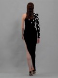 Luxury Party Rhinestone One-Shoulder Long-Sleeved Slit Bandage Dress