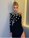 Luxury Party Rhinestone One-Shoulder Long-Sleeved Slit Bandage Dress