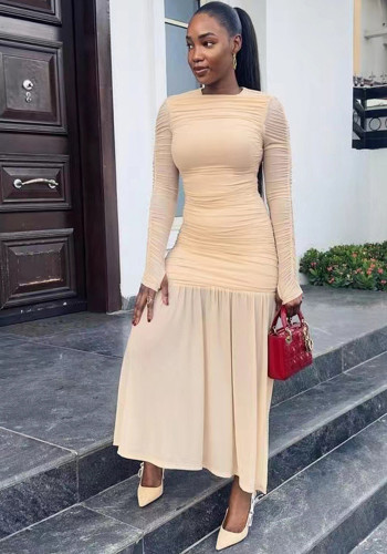 Women Elegant Sexy Round Neck Long Sleeve Pleated Solid Maxi Dress