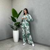 Women printed long-sleeved tie Top and Pant Casual two-piece set