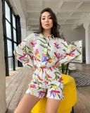 Fall Women Print Long Sleeve Shirt Shorts Women Two-Piece Set