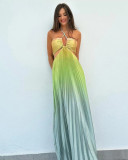 Women Style Summer Gradient Halter Neck Pleated Maxi Dress