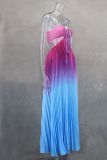 Women Style Summer Gradient Halter Neck Pleated Maxi Dress