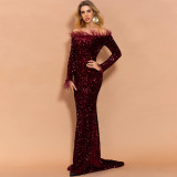 Sequin Mermaid Evening Dress Female Feather Off Shoulder Long Sleeve Formal Party Long Dress