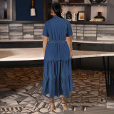 Plus Size Women Turndown Collar Button Pocket Short Sleeve Denim Long Dress