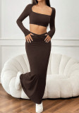 Women Autumn Winter Solid Color Casual Long Sleeve Square Neck Crop Top Fashion Fishtail Long Skirt Two Piece Set