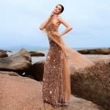 Women Sequined One-shoulder Slash Shoulder Formal Party Evening Dress