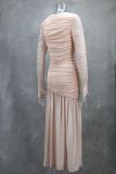 Women Elegant Sexy Round Neck Long Sleeve Pleated Solid Maxi Dress