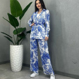 Women printed long-sleeved tie Top and Pant Casual two-piece set