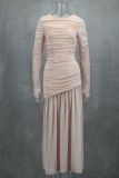 Women Elegant Sexy Round Neck Long Sleeve Pleated Solid Maxi Dress