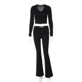 Women's Spring Long-Sleeved V-Neck Crop Top High Waist Trousers Casual Home Wear For Women