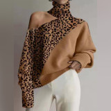 Plus Size Autumn And Winter High-Necked Cutout Shoulder Knitting Sweater Leopard Print Long-Sleeved Top