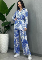 Women printed long-sleeved tie Top and Pant Casual two-piece set