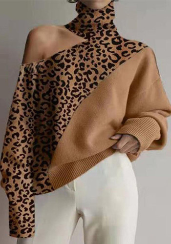 Plus Size Autumn And Winter High-Necked Cutout Shoulder Knitting Sweater Leopard Print Long-Sleeved Top