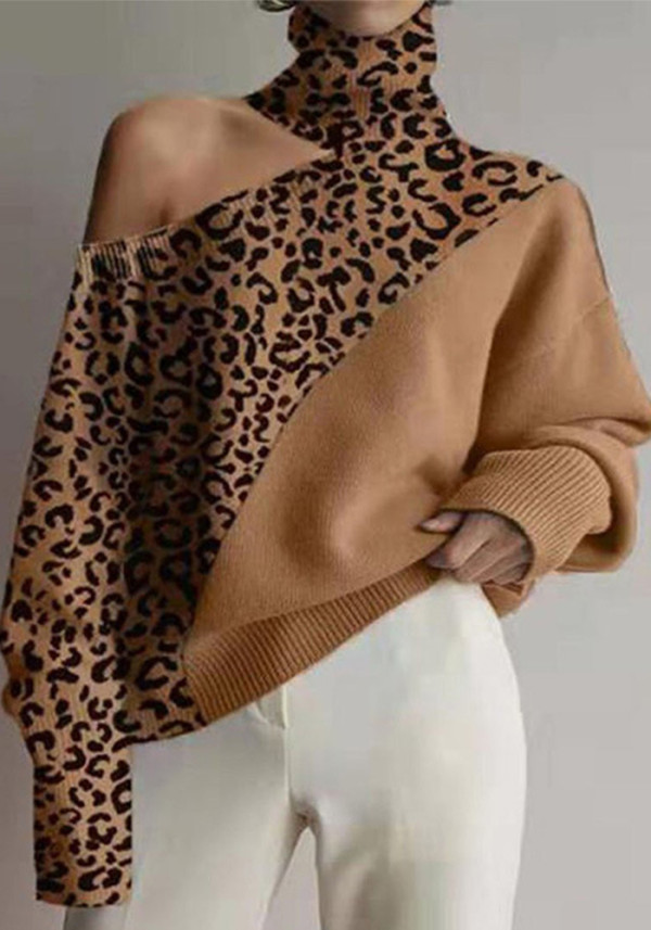 Plus Size Autumn And Winter High-Necked Cutout Shoulder Knitting Sweater Leopard Print Long-Sleeved Top