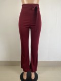 Autumn Winter Casual Fashion Slim Lace-Up Belt High Waist Women Pants