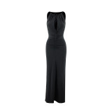 Summer Women's Sexy Hollow Strap Pleated Slim Chic Long Dress