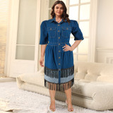 Plus Size Women Denim Turndown Collar Short Sleeve Tassel Dress