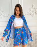 Fall Women Print Long Sleeve Shirt Shorts Women Two-Piece Set