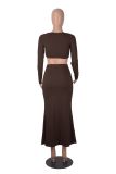 Women Autumn Winter Solid Color Casual Long Sleeve Square Neck Crop Top Fashion Fishtail Long Skirt Two Piece Set