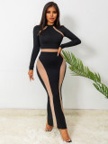 Fall Sexy See Through Mesh Patchwork Long Sleeve Slim Nightclub Long Dress