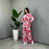 Women printed long-sleeved tie Top and Pant Casual two-piece set