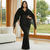 Plus Size Chic Sexy Sequined V-Neck Long Sleeve Formal Party Evening Dress Bridesmaid Dress For Women