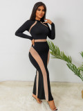 Fall Sexy See Through Mesh Patchwork Long Sleeve Slim Nightclub Long Dress