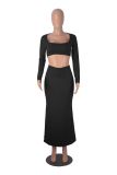 Women Autumn Winter Solid Color Casual Long Sleeve Square Neck Crop Top Fashion Fishtail Long Skirt Two Piece Set