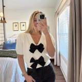 Women Spring V-neck Short Sleeve Bowknot Solid Sweater