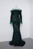 Sequin Mermaid Evening Dress Female Feather Off Shoulder Long Sleeve Formal Party Long Dress