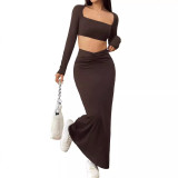 Women Autumn Winter Solid Color Casual Long Sleeve Square Neck Crop Top Fashion Fishtail Long Skirt Two Piece Set