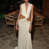 Women's Summer Hollow Knot Slit V-Neck Sleeveless Pleated Irregular Dress