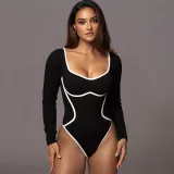 Women's Contrasting Color One-Piece Ribbed Knitting Long Sleeve Bodysuit Tops