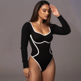 Women's Contrasting Color One-Piece Ribbed Knitting Long Sleeve Bodysuit Tops