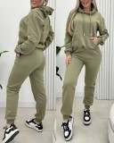 Women's Solid Color Casual Sports Hooded Two Piece Tracksuit