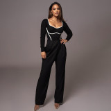 Women's Contrasting Color One-Piece Ribbed Knitting Long Sleeve Bodysuit Tops