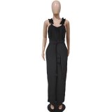 Fashionable Solid Color Ruffle Strap Wide Leg Jumpsuit