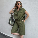 Summer Fashion Casual Women's Solid Color Shirt Shorts Two-Piece Suit