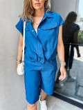 Summer Fashion Casual Women's Solid Color Shirt Shorts Two-Piece Suit