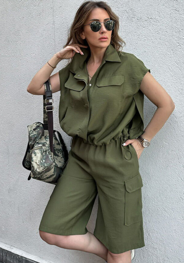 Summer Fashion Casual Women's Solid Color Shirt Shorts Two-Piece Suit