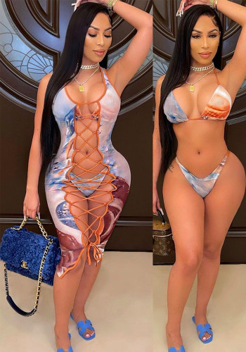 Women's Fashion Two Pieces Print Bikini Lace-Up Cover-Up Dress Three-Piece Swimsuit