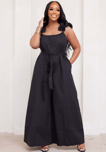 Fashionable Solid Color Ruffle Strap Wide Leg Jumpsuit