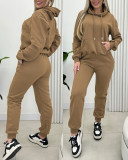 Women's Solid Color Casual Sports Hooded Two Piece Tracksuit