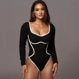 Women's Contrasting Color One-Piece Ribbed Knitting Long Sleeve Bodysuit Tops