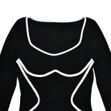 Women's Contrasting Color One-Piece Ribbed Knitting Long Sleeve Bodysuit Tops