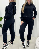 Women's Solid Color Casual Sports Hooded Two Piece Tracksuit